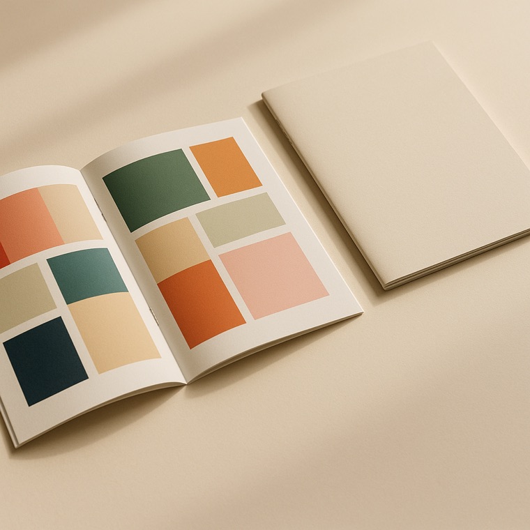 An open saddle stitched booklet showing a colour block layout, a closed copy beside it