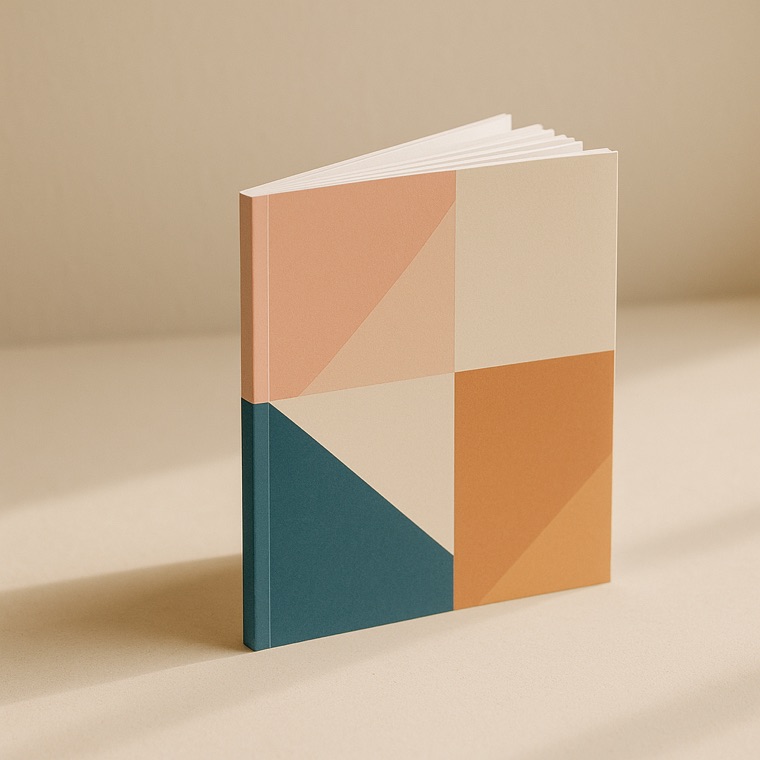 A perfect bound catalog standing upright, geometric cover, square printed spine
