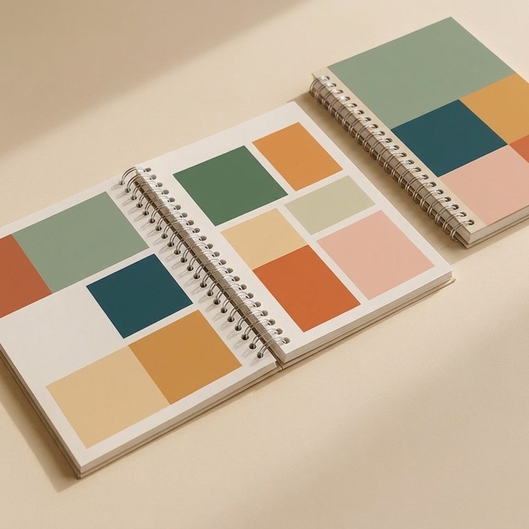 Open Wire-O bound book lying flat with silver wire loops and an abstract colour block layout