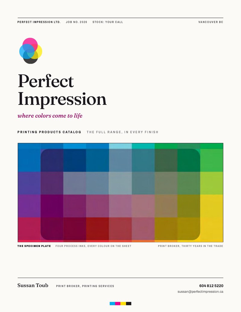 Cover of the Perfect Impression printing products catalog, with the specimen plate of process inks