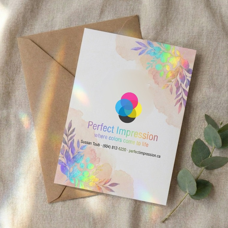 Announcement card with a holographic foil botanical design on a kraft envelope