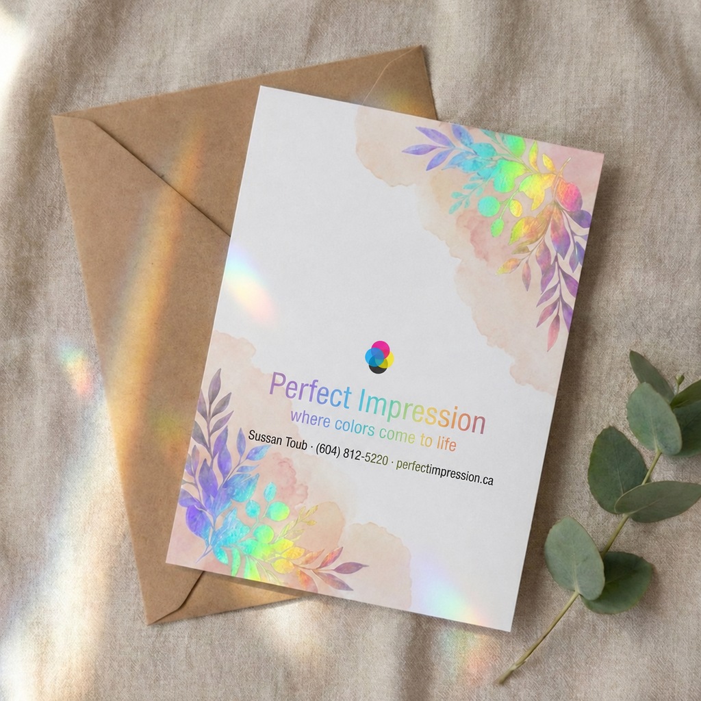 Akuafoil announcement card with a botanical design, resting on a kraft envelope