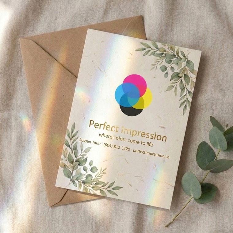 Pearl announcement card with a botanical design, resting on a kraft envelope