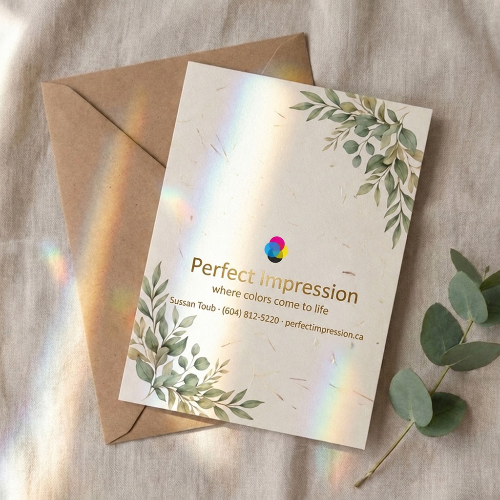 Pearl announcement card with a botanical design, resting on a kraft envelope