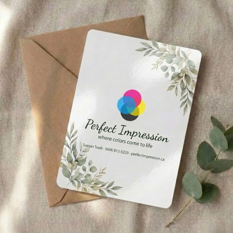 Round Corner announcement card with a botanical design, resting on a kraft envelope
