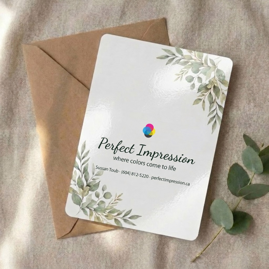 Round Corner announcement card with a botanical design, resting on a kraft envelope