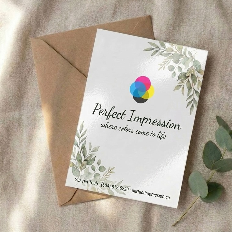 Standard announcement card with a botanical design, resting on a kraft envelope