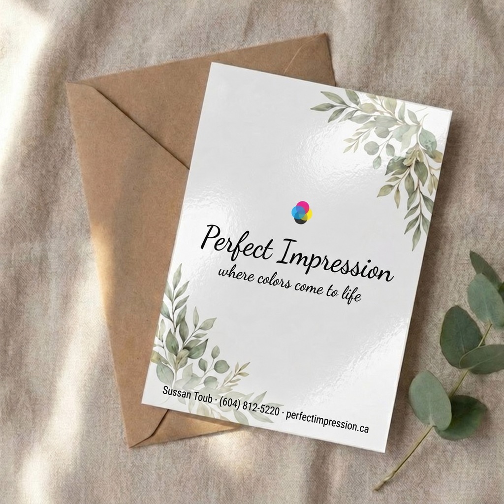 Standard announcement card with a botanical design, resting on a kraft envelope