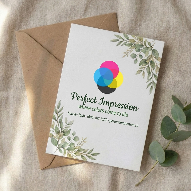 Suede announcement card with a botanical design, resting on a kraft envelope