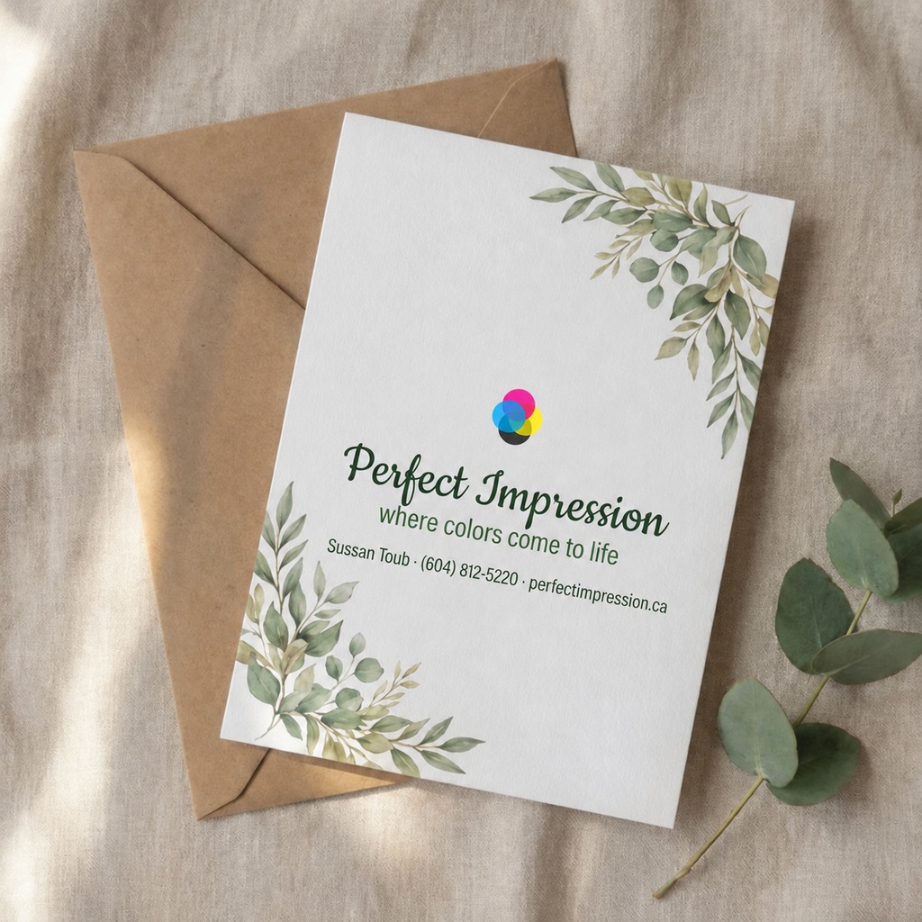 Suede announcement card with a botanical design, resting on a kraft envelope