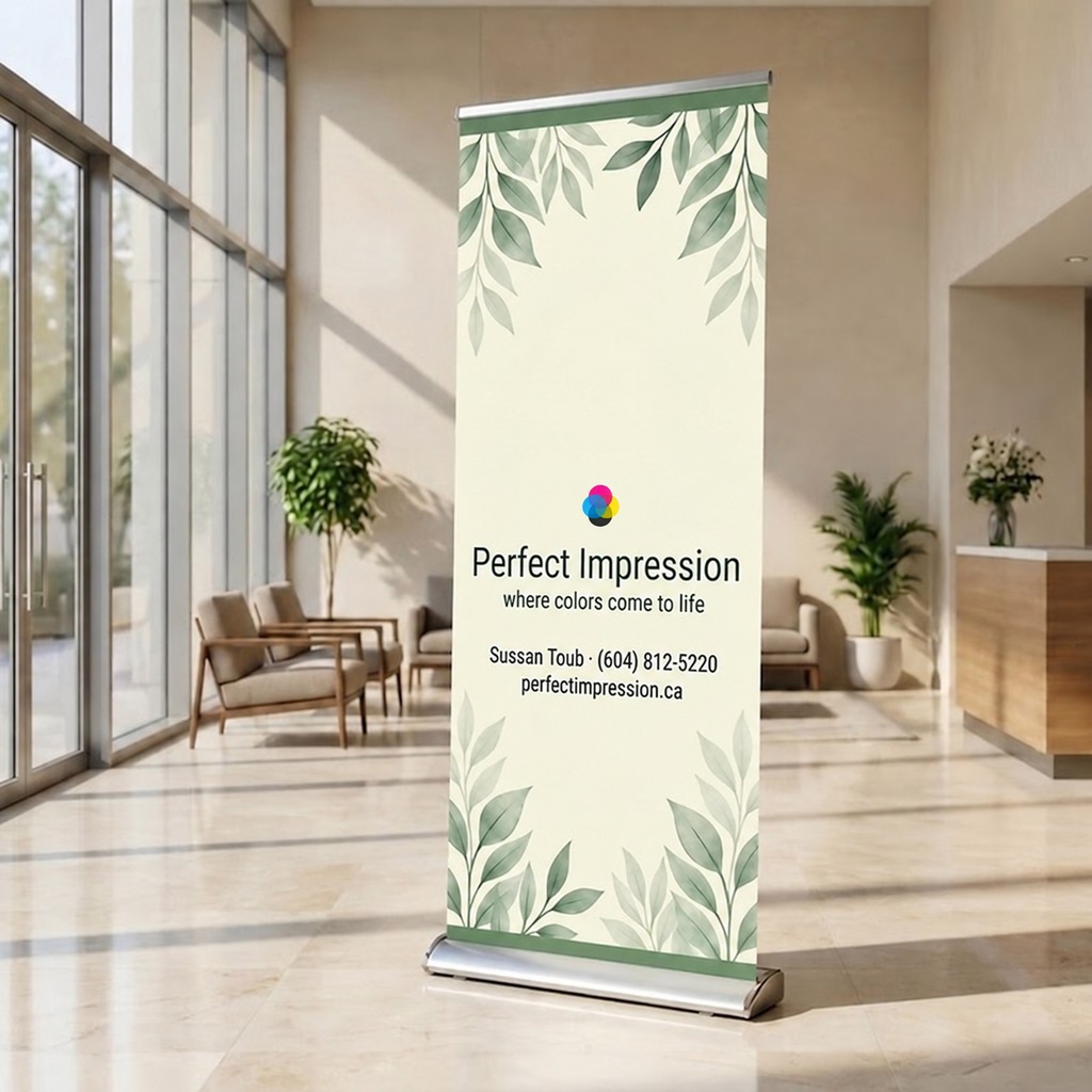 Deluxe retractable banner stand in an office lobby