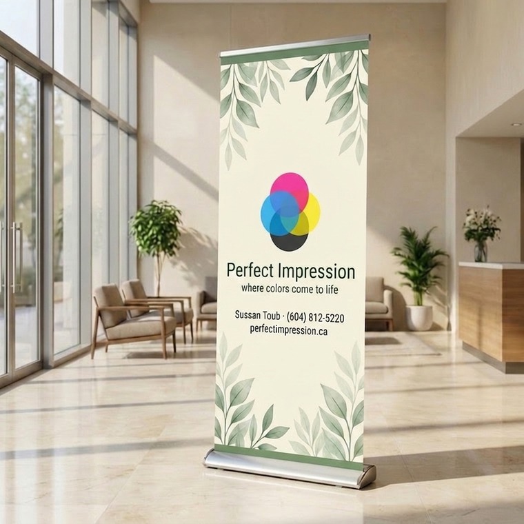 Deluxe retractable banner stand in an office lobby