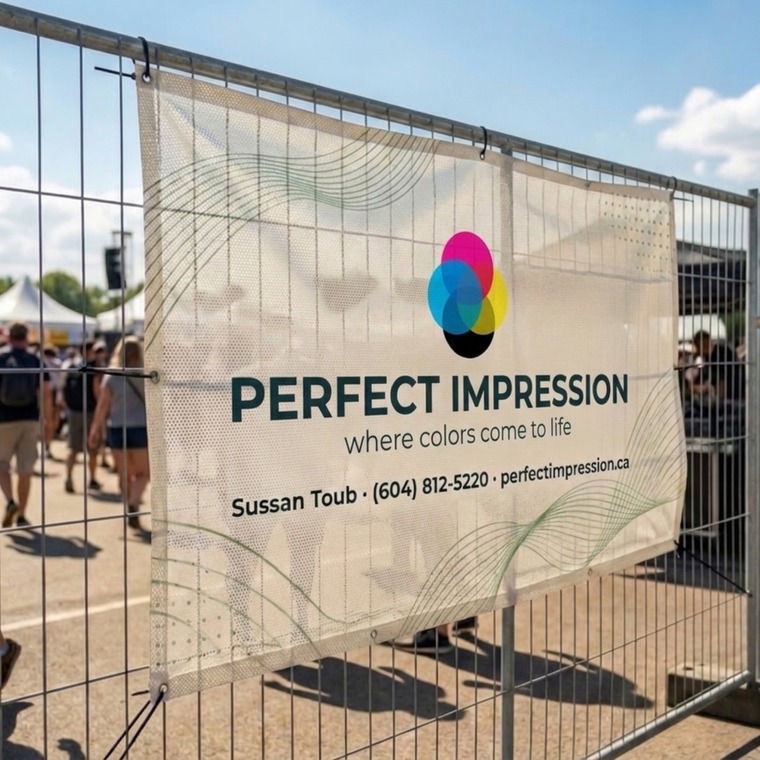 Mesh banner zip tied to an outdoor fence at an event