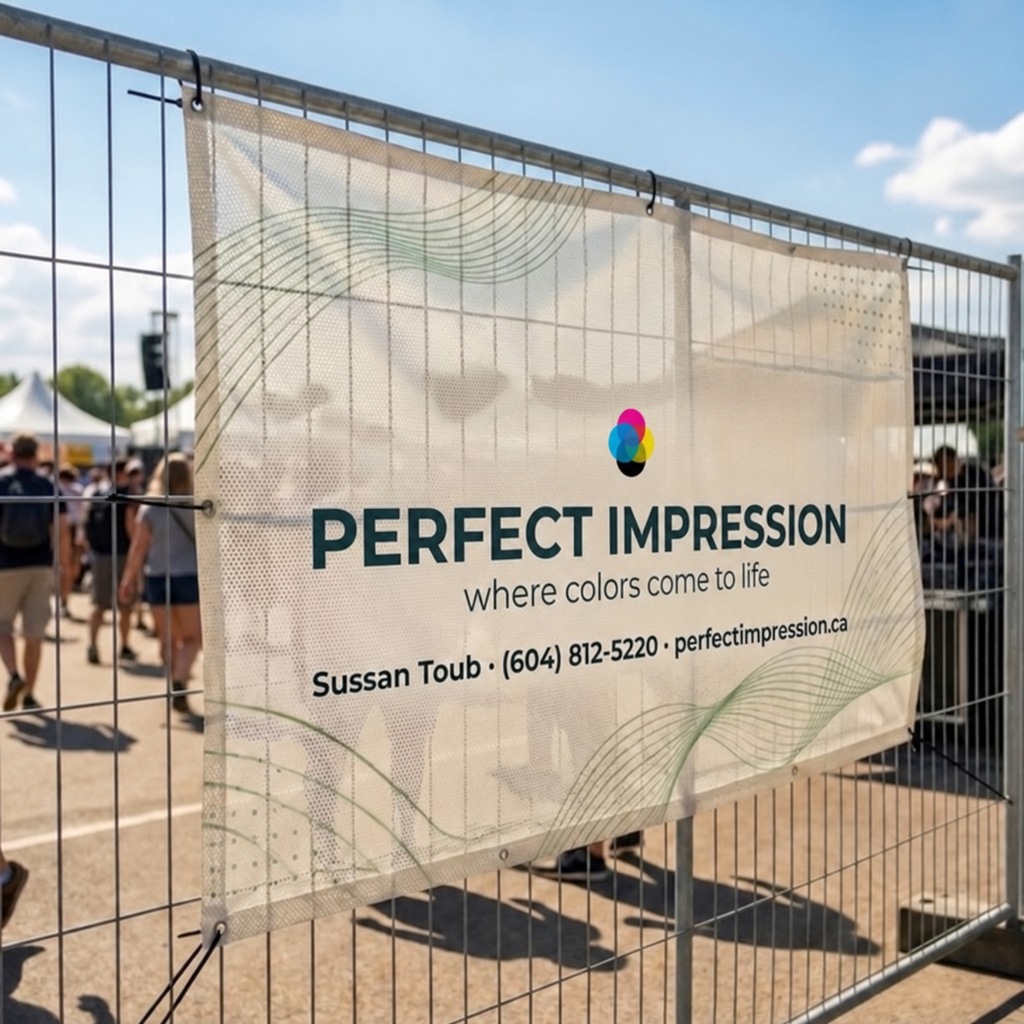 Mesh banner zip tied to an outdoor fence at an event