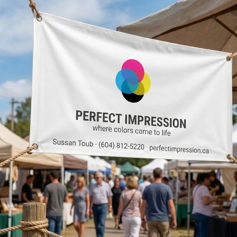 Vinyl banner for a cafe hung over a market stall
