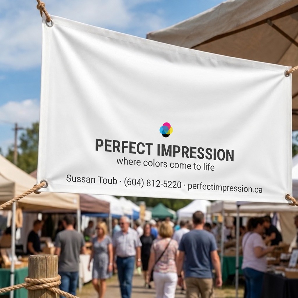 Vinyl banner for a cafe hung over a market stall