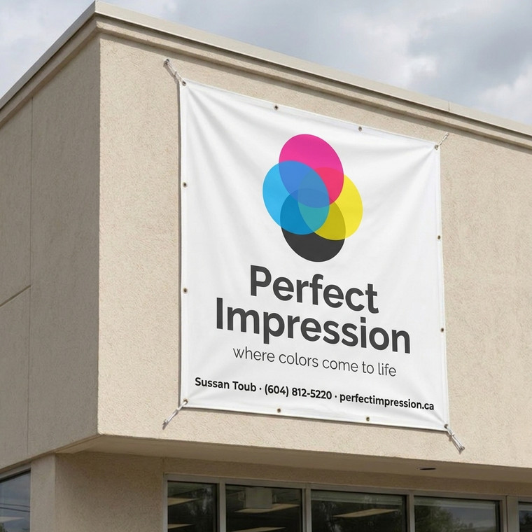 Scrim vinyl banner for a gym mounted on a building wall