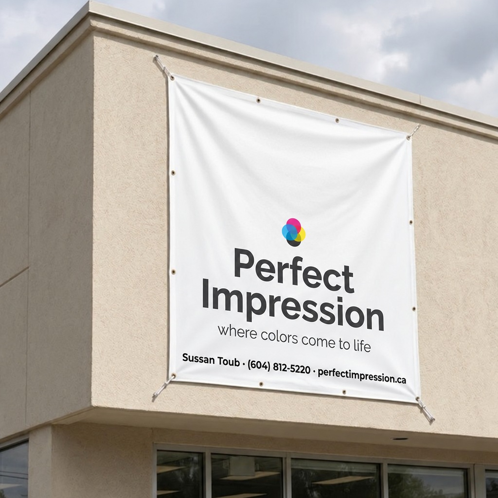 Scrim vinyl banner for a gym mounted on a building wall