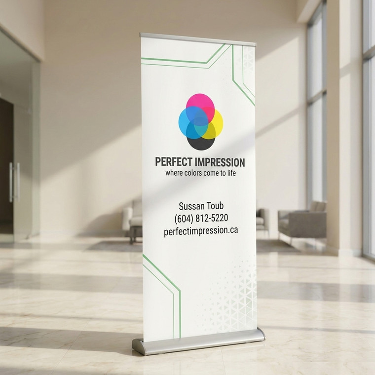 Retractable banner stand set up indoors