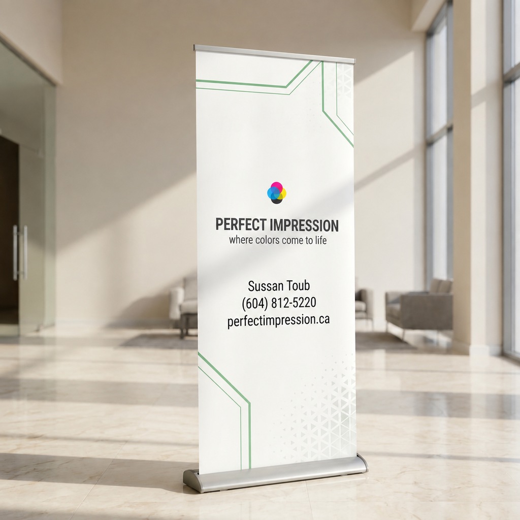 Retractable banner stand set up indoors