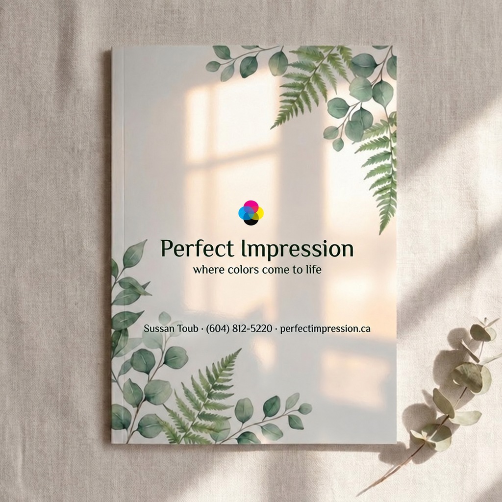 Gloss booklet with a wellness cover design, lying in soft daylight