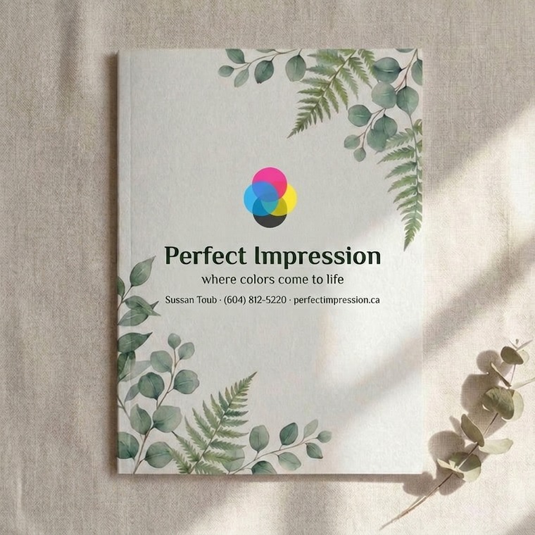 Matte Book Uncoated booklet with a wellness cover design, lying in soft daylight