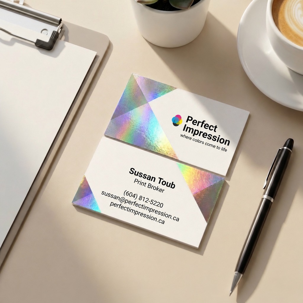 Perfect Impression business card with a holographic Akuafoil finish
