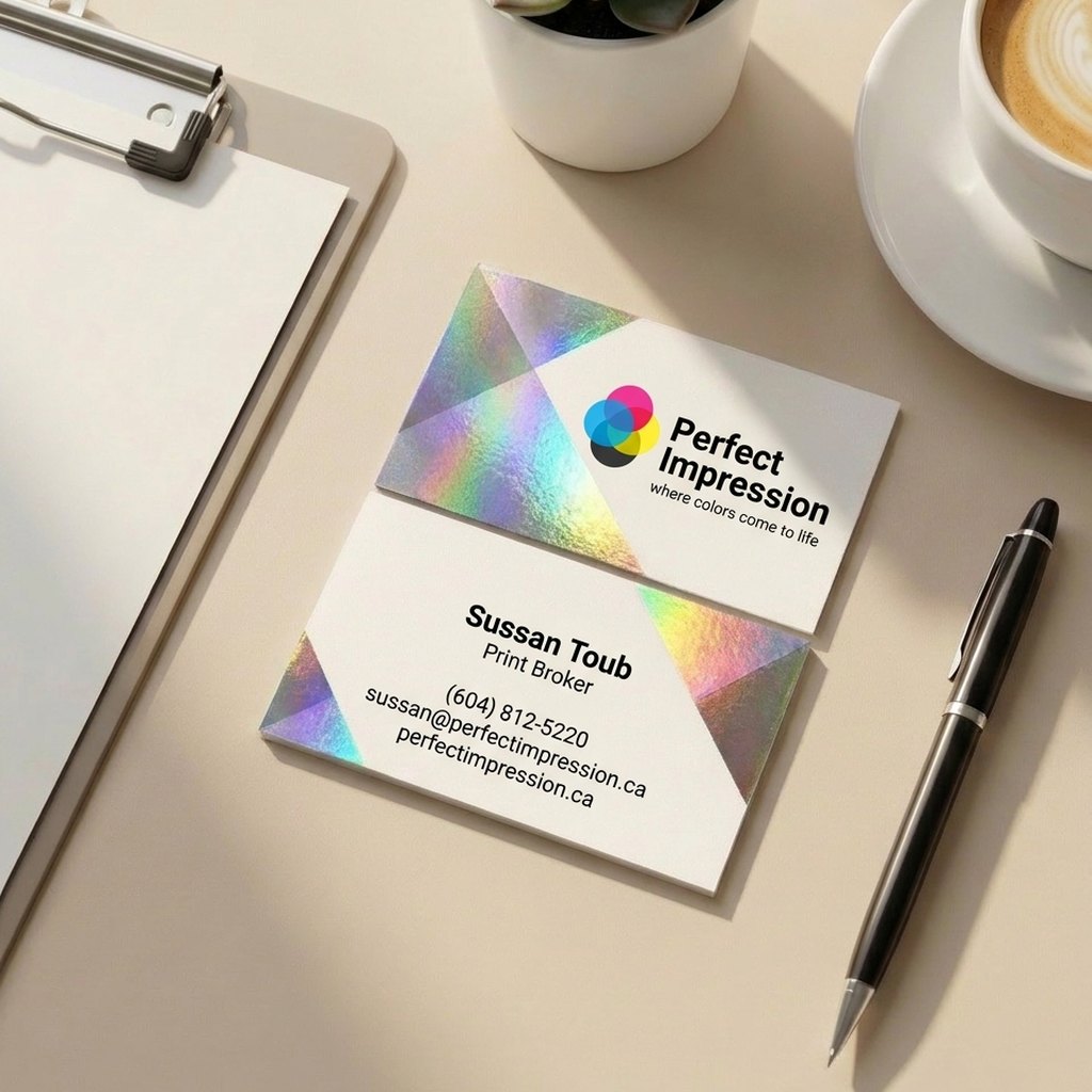 Perfect Impression business card with a holographic Akuafoil finish