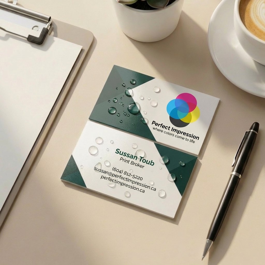 Perfect Impression business card on durable EndurACE stock with water beading