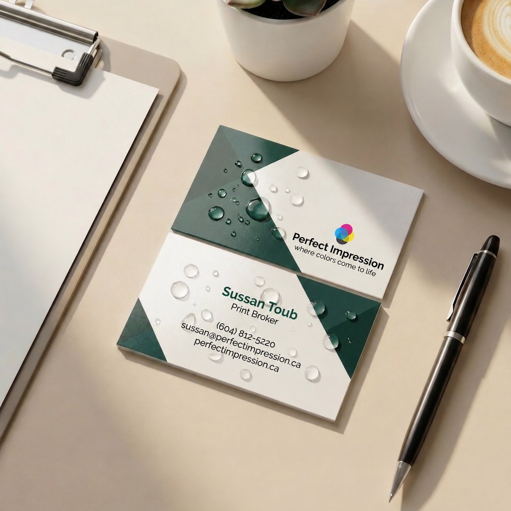 Perfect Impression business card on durable EndurACE stock with water beading