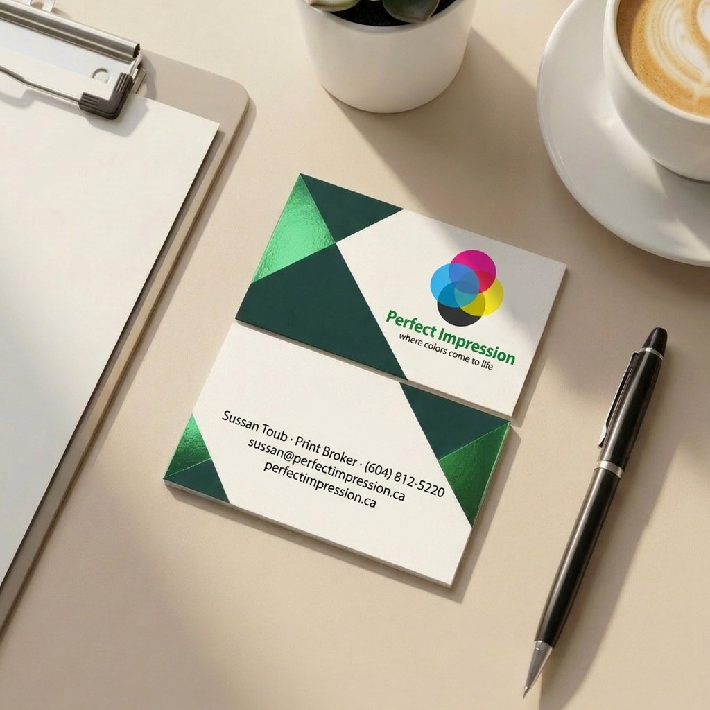 Perfect Impression business card with metallic green Foil Worx accents