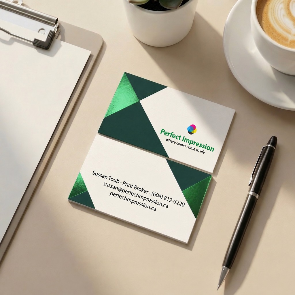 Perfect Impression business card with metallic green Foil Worx accents