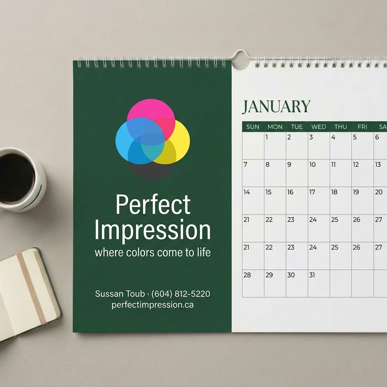 11x8.5 calendar photographed with coffee and a notebook