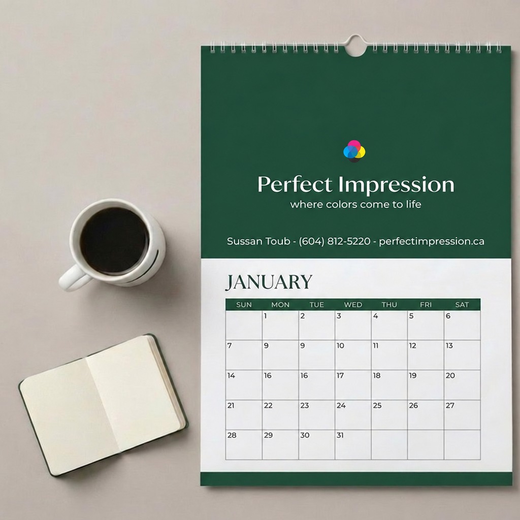 8.5x11 calendar photographed with coffee and a notebook
