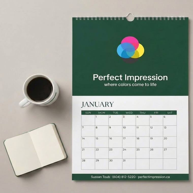 9x12 calendar photographed with coffee and a notebook
