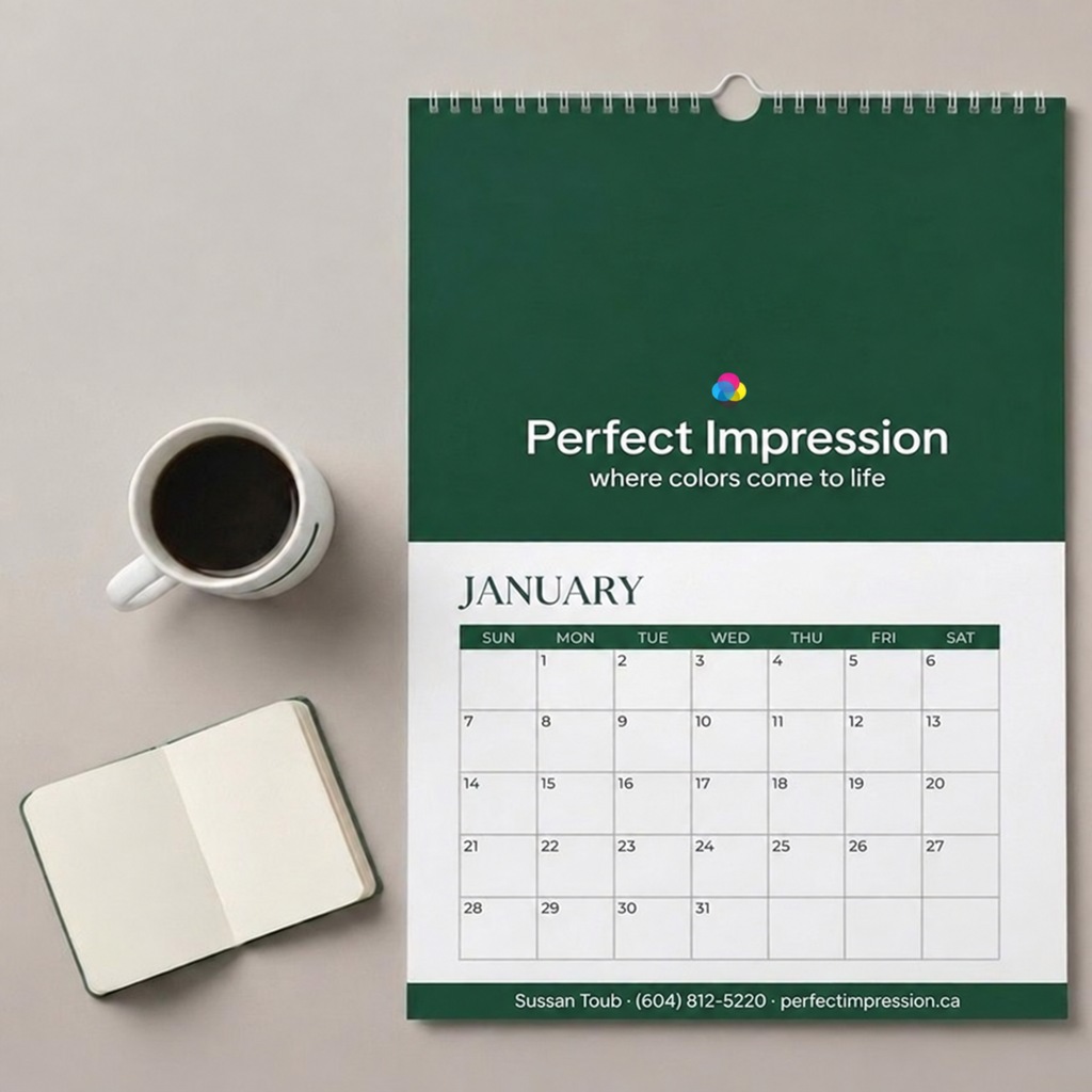 9x12 calendar photographed with coffee and a notebook