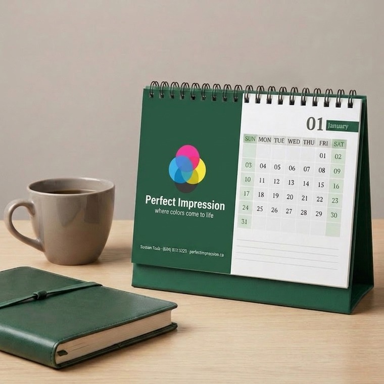 Self-Cover calendar photographed with coffee and a notebook