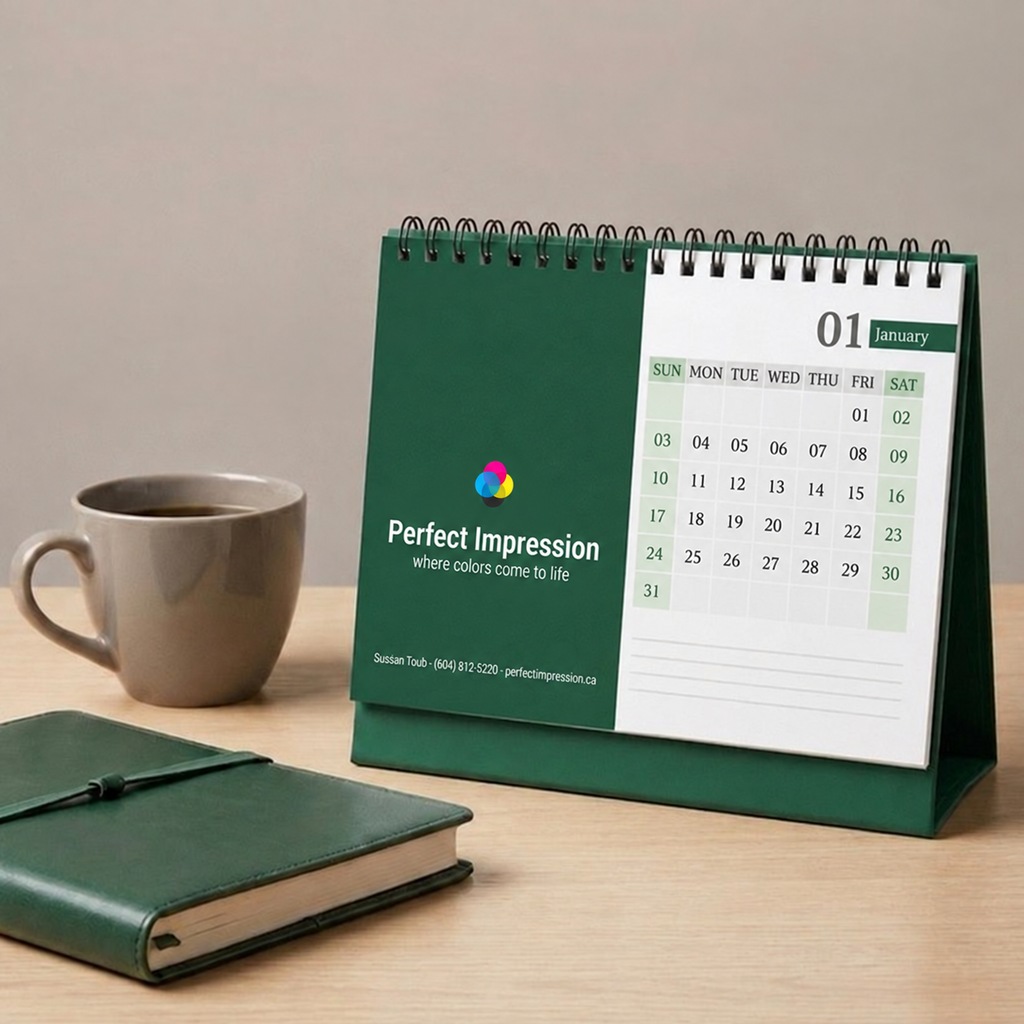 Self-Cover calendar photographed with coffee and a notebook