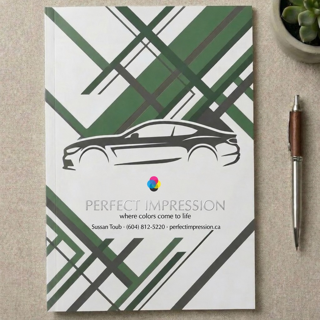 Perfect Bound catalog with an automotive cover design, beside a pen