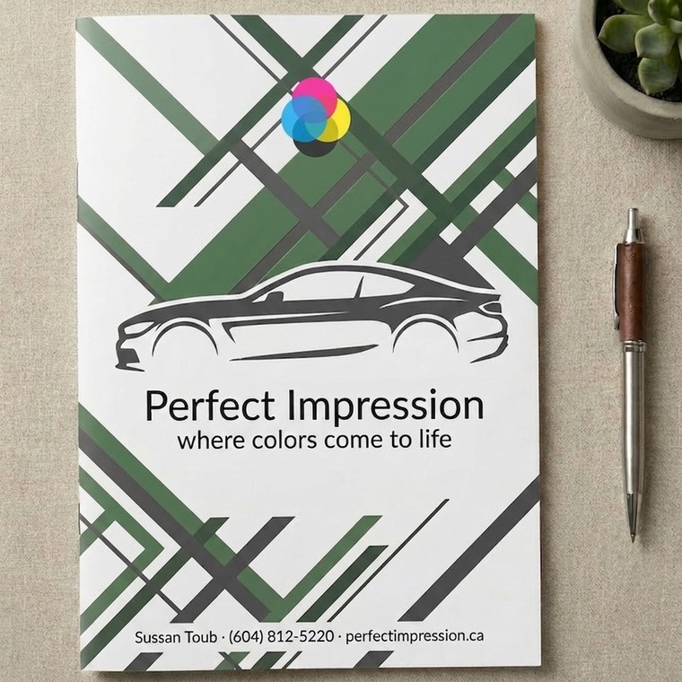 Saddle Stitch catalog with an automotive cover design, beside a pen