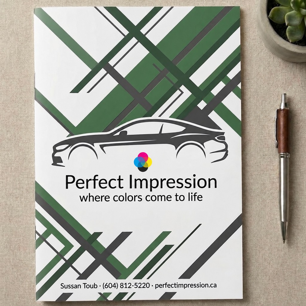 Saddle Stitch catalog with an automotive cover design, beside a pen