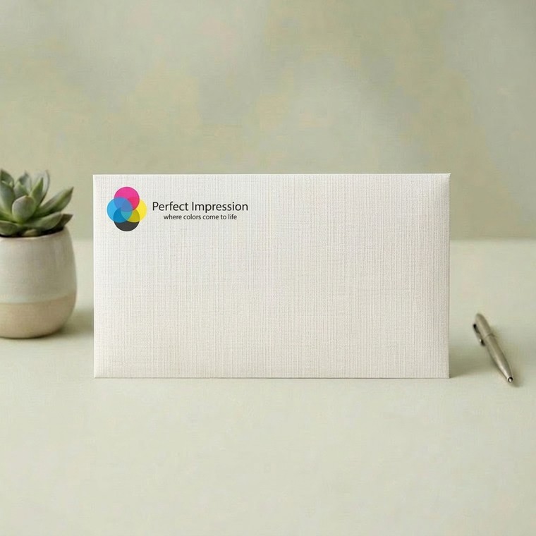 Linen envelope, front facing, with logo and name in the top left corner