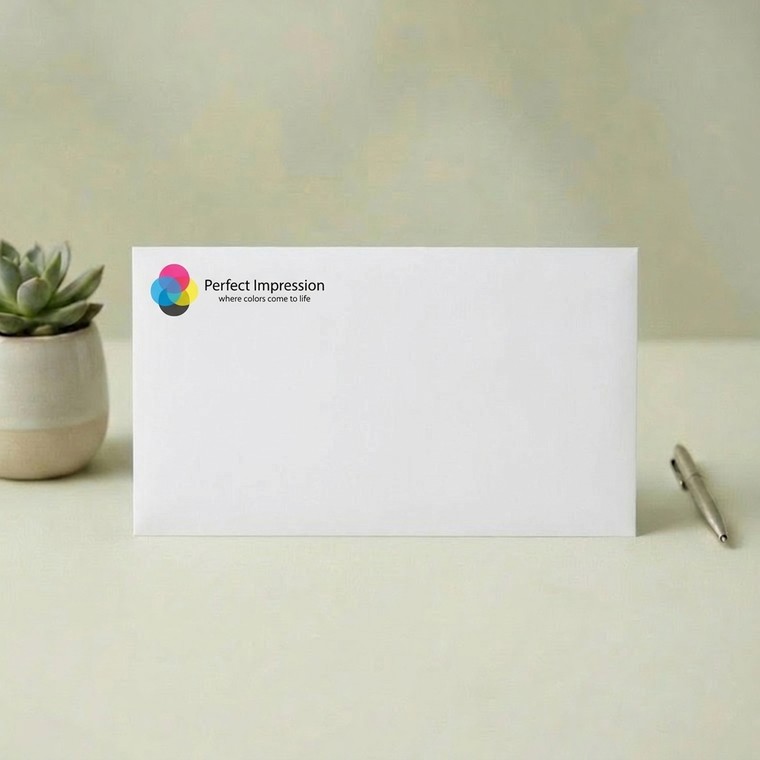Printed envelope, front facing, with logo and name in the top left corner