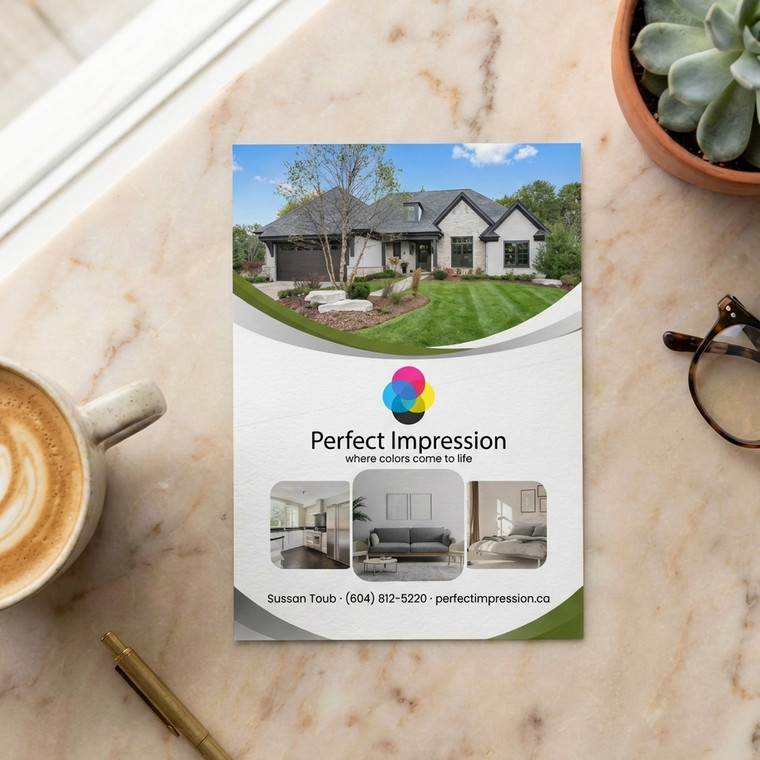 Flat brochure sample, opened flat on a marble desk