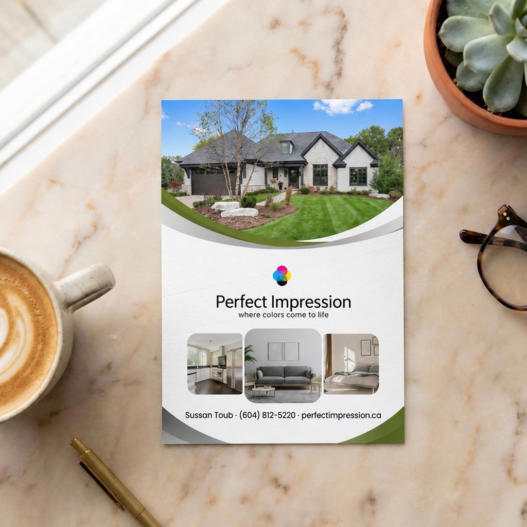 Flat brochure sample, opened flat on a marble desk