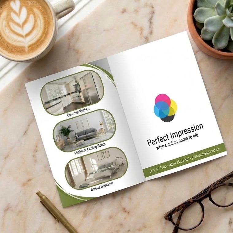 Half-Fold brochure sample, opened flat on a marble desk