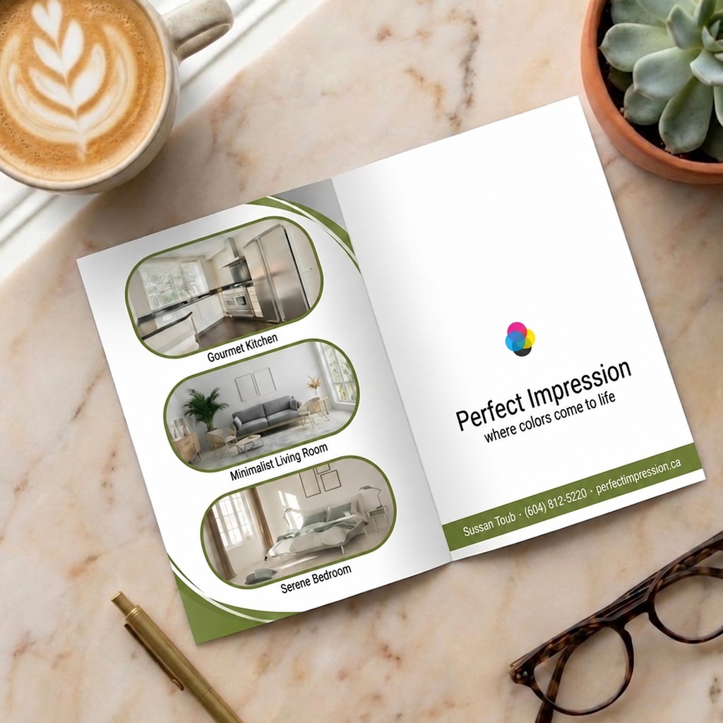 Half-Fold brochure sample, opened flat on a marble desk