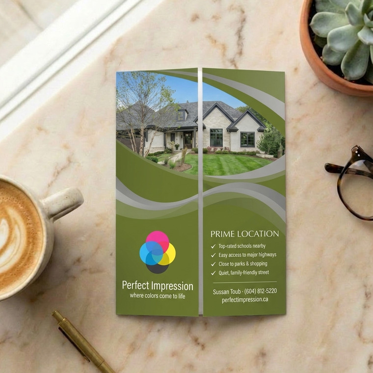 Specialty Folds brochure sample, opened flat on a marble desk