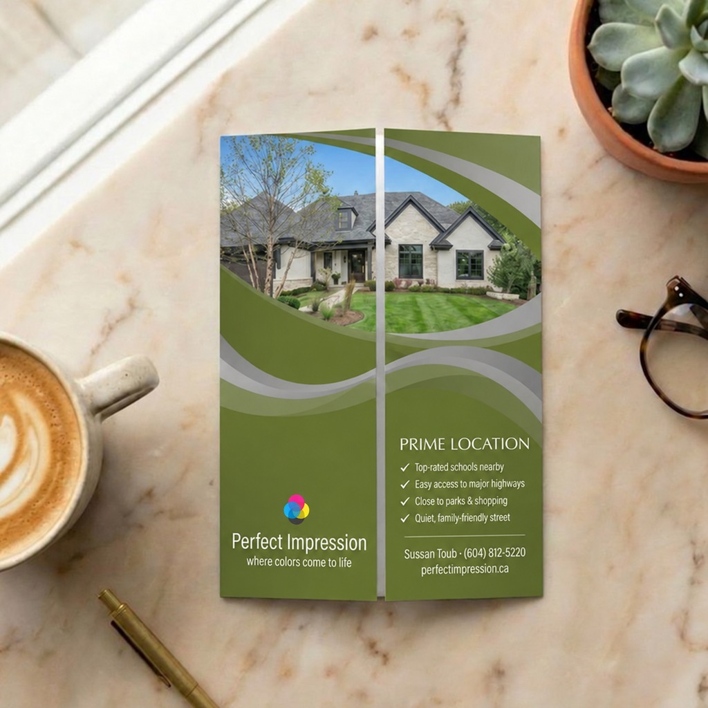 Specialty Folds brochure sample, opened flat on a marble desk
