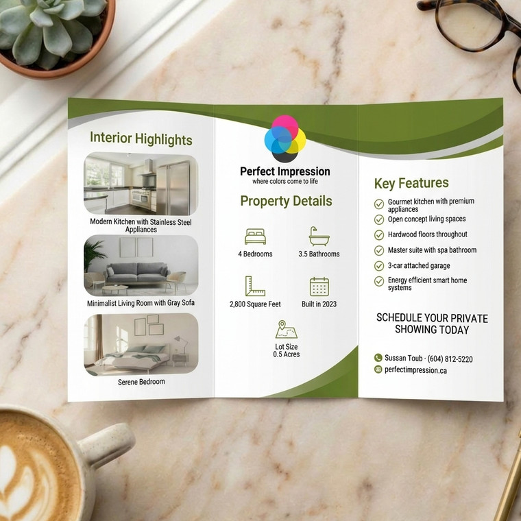 Tri fold brochure opened flat on a marble desk